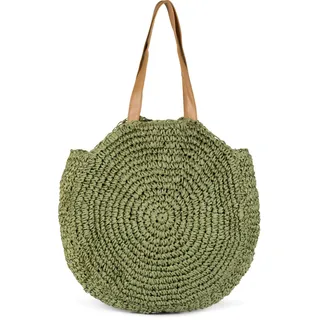 styleBREAKER runde Damen Basttasche mit langen Henkeln | Geflochtene Korbtasche als Strandtasche oder Shopper | Großes Hauptfach mit Reißverschluss, Farbe:Oliv