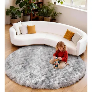 VOFUSHON Teppich Rund 150 cm Hellgrau Waschbar Rutschfester Hochflor Runder Teppich Wohnzimmer Weich Flauschig Rug