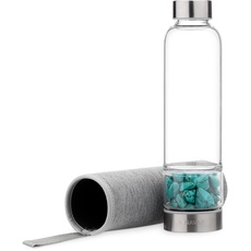 Navaris Wasserflasche mit Mineralstein und Neoprenhülle 420ml - Edelsteine Trinkflasche mit Hülle - Kristall Flasche Glasflasche Wasser - Türkis