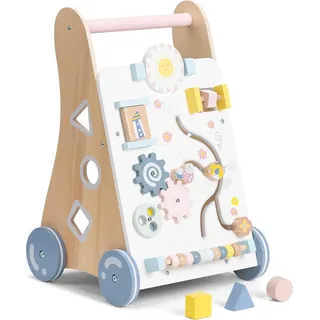 Holz-Laufstuhl mit interaktivem Spielzentrum - Schiebewagen für Babys, die laufen lernen - Bunt