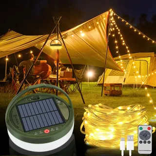 Bowfar Solar Camping Lichterkette Aussen 10M, 3600mAh Aufrollbar Campinglampe Solar mit Fernbedienung und USB Wiederaufladbare