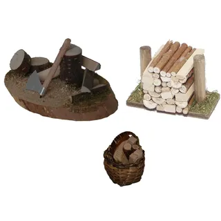 Alfred Kolbe Krippen-Zubehör "Hackstock, Holzstoß, Korb mit Holz, Weihnachtsdeko", braun