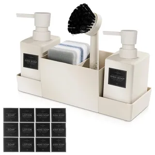 HOSPAOP Spülbecken Organizer, Küchen Organizer Spüle Set aus Kunststoff mit Spülmittelspender, Bürste und Spülschwamm, Sink Organizer mit Seifenspender Schwamm Bürste, Beige