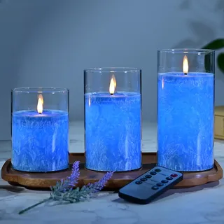 MozkeTo19 Blau Glas Flammenlose Kerzen, LED Kerzen mit Fernbedienung Timerfunktion, Batteriebetriebene Stumpenkerzen, Elektrische Kerzen