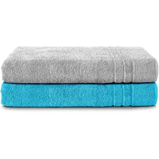 Komfortec 2er Saunatuch Set 70x200 cm aus 100% Baumwolle, XXL-Saunatücher, Sauna Handtuch, Weich, Groß, Frottee, Schnelltrocknend, Silber Grau/Türkis