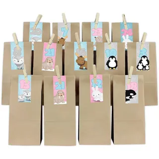 Adventskalender Set Polartiere Streifen mit Papiertüten und Holzklammern Y067