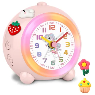 SOCICO Analoger Kinder Wecker Mädchen, Einhorn Design, Lautlos, Ohne Ticken Niedlicher Pfirsich Wecker Analog, mit Buntem Licht, Einstellbare Lautstärke (Blassrosa)