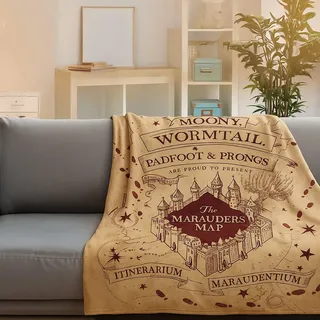 Harry Potter Decke 150 x 200 cm Kinderdecke XXL kuschelige Flauschdecke Fleecedecke mit Hogwarts-Schule und Karte des Rumtreibers · große Decke Tagesdecke Kuscheldecke · Marauders Map (braun)