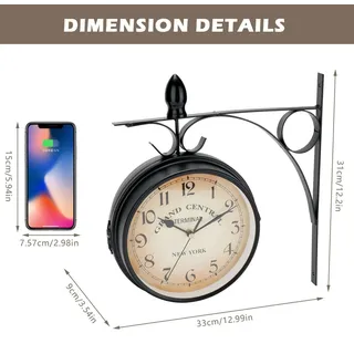 Bahnhofswanduhr für außen - Doppelseitige Wanduhr - Wasserdicht - Geräuschlos leise - Retro Schmiedeeisen Metall - Für Garten