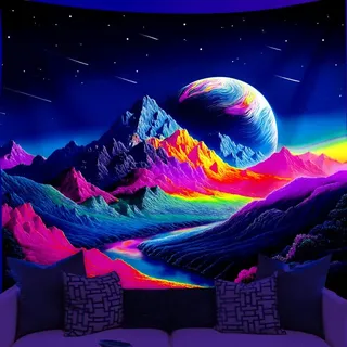 WEBEEDY Blacklight Wandteppich Bunter Berg Sternenhimmel Wandbehang UV Reaktiver Wandteppich Ästhetische Landschaft Schwarzlicht Poster Für Zuhause Hintergrund Party Dekor 150x130cm