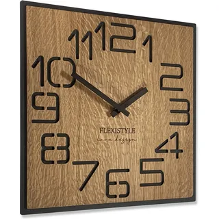 FLEXISTYLE Moderne quadratisch große WanduhrHolz ECO Durchmesser 40cm, Stille, Holzoptik, Eiche, Wohnzimmer, Schlafzimmer, Made in EU (Digits 40cm)