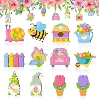LUYANFX 12 Stück Holzanhänger Frühling, Holzanhänger Blumen, Wichtel Holz Anhänger, Frühlingsdeko Holz Bunt, Frühlings Deko für Ostern Heimdekoration (Rosa)