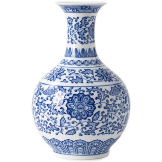 Blaue und weiße Vasen-Dekoration, Keramik, Chinoiserie, dekorative Vase für Zuhause, Büro, Blumenvase, Pozelan, glänzende Vase für Tisch, Wohnzimmer, Bücherregal, Kaminsims, Tafelaufsätze, 24,1 cm