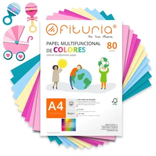 OFITURIA Farbiges Papier A4 80gr, 100 Blatt – Bastelpapier (Babyshower) | Farbiges Papier für Bastelarbeiten, Drucker und Scrapbooking. Farben: Türkis, Hellblau, Rosa, Hellrosa, Creme
