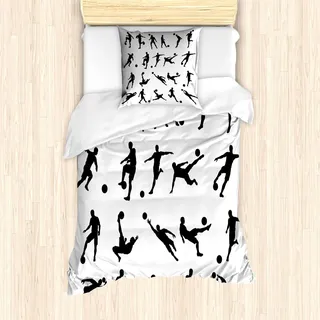 ABAKUHAUS Fußball Bettbezug Set, Fußball-Spieler-Silhouetten Torhüter Striker Shooting Heading Volleying Saving, 135 x 200 cm + 80 x 80 cm, Weiß Schwarz