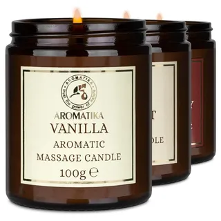 Massagekerze Set Vanille & Kokos & Erdbeere 3x 100 g - Sojawachs Kerze - Duftkerze mit Kokosöl & Mandelöl - Vanille-Oleoresin - Aroma Kerze - Entspannung - Körperpflege - Massage - Aromatherapie