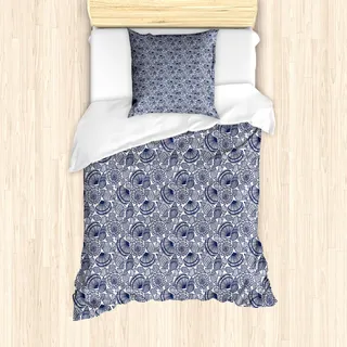ABAKUHAUS Navy blau Mantele, Wassertiere Linien, Milbensicher Allergiker geeignet mit Kissenbezügen, 135 cm x 200 cm - 80 x 80 cm, Dunkelblau Weiß - Blau