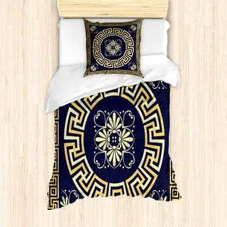 ABAKUHAUS Greek Key Mantele, Retro Frühling Meander, Milbensicher Allergiker geeignet mit Kissenbezügen, 135 cm x 200 cm - 80 x 80 cm, Dunkelblau Gelb - Dunkelblau