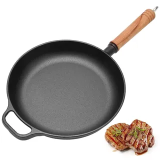 Umllpet Gusseisenpfanne, Gusseisen Pfanne 27cm, Bratpfanne Grillpfanne, Ohne Beschichtung Pfanne Griff aus Massivholz, für den Grill Gasgrill Ofen (27cm)