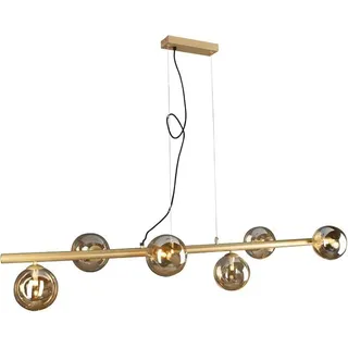 Mehrflammige Balken Pendelleuchte Messing 144cm breit - 6 Glaskugeln Rauchglas in Amber, Abhängung 200cm