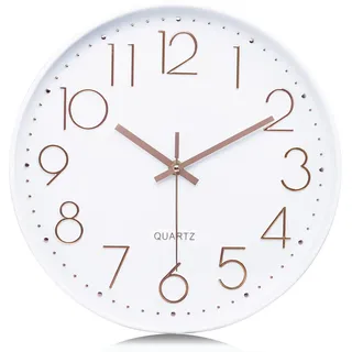 Lafocuse Weiß Modern Wanduhr Lautlos 30cm, 3D Ziffern Rosegold Ohne Tickgeräusche, Quartz Wanduhr Analog Leicht zu Lesen Deko für Wohnzimmer Zimmer Küche Büro