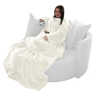 Brandsseller Flauschige TV-Decke mit Ärmeln 170x200 cm in Cashmere Feeling - Fußsack und 2 Taschen - Kuscheldecke Tagesdecke Weiß