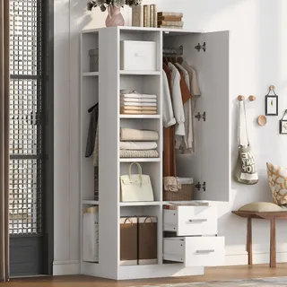 Merax Kleiderschrank mit 1 Tür und 2 Kleiderstangen, Kinderschrank mit Einlegeböden und 2 Schubladen, kompakter Schlafzimmerschrank, Garderobe, Weiß - Weiß
