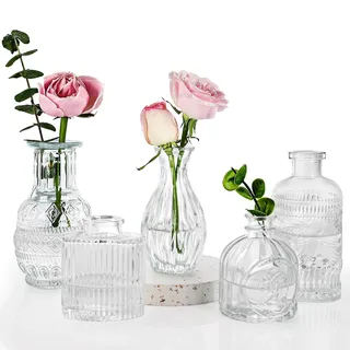 Fixwal Set mit 5 Knospenvasen, kleine Vase für Blumen, Glasvase für Heimdekoration, Hochzeitsdekorationen, klare Blumenvasen für Tafelaufsätze, Vintage-Vase für Heimdekoration