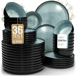 Steingut Geschirrset 12 Personen Ibiza 36 tlg. TESTSIEGER, Traumhaftes Mediterranes Steingut Geschirr Set, Schüssel- und Teller Set, Tafelservice 12 Personen, Geschirrsets Pure Living in Petrol