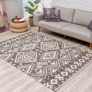 Teppich Hochflor Wohnzimmer - Ethno Geo Design 100x300 cm Grau Creme - Teppiche mit Fransen