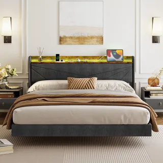 IRONCK Polsterbett 160x200, Schwebebett mit LED-Beleuchtung und Ladestation(USB/USB-C/Steckdosen), gepolstertes Kopfteil mit Stauraum, Bett mit Lattenrost, Doppelbett Begestell, Linen, Dunkelgrau
