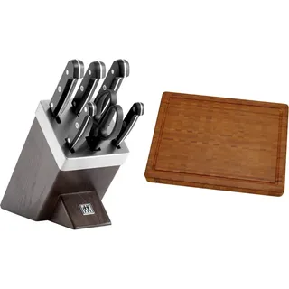 ZWILLING Selbstschärfender Messerblock, 7-tlg, Holzblock, Messer und Schere aus rostfreiem Spezialstahl/Kunststoff-Griff, Gourmet & 30772100 Schneidbrett, Bambus, mittel 36 X 25.5 X 3 cm