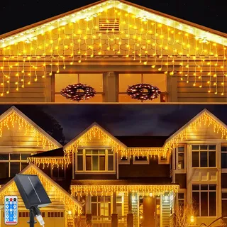 Acxilexy Solar Eiszapfen Lichterkette, 5M 256 LEDs Eiszapfen Vorhang Lichter mit 8 Modi, Fernbedienung Eisregen Lichterkette, IP65 Wasserdicht Lichtervorhang für Weihnachten, Balkon, Garten