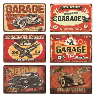 MHMondawn 6er Set Retro Garage Deko Schilder,blechschilder retro,MotorradMetallschild, Benzin Wandschild Auto Poster Motoröl Laden Metall Schilder Hauswand Raumdekoration Bar Deko (20x30 cm)