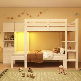 Weißes Hochbett mit Nachtlicht, Schrank, Regal & Schubladen - Viel Stauraum, Versetztes Design, EN747-1 2024, 90x200 cm - Weiß