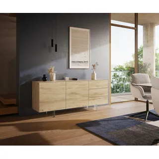 DeLife Sideboard Cuor 180 cm Keramik Laminam® Sabbia Eichefarbig 2 Türen 3 Schubfächer Fuß Schwebeoptik Acrylglas