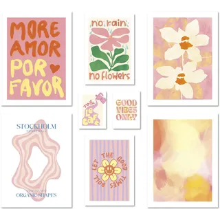 ARTFAVES® Poster Set - ABSTRACT DOPAMINE DECOR - mehrteilige Wanddeko Wohnzimmer & Schlafzimmer - 8 moderne Wandbilder dopamin decor, sommer, frühling, abstrakt, kunst, rosa - ohne Bilderrahmen