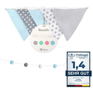 lilime® Wimpelkette Inkl. GRATIS Girlande ideal für Dekoration im Kinderzimmer - Unsere Wanddeko für Dein Kind - Super süße Deko für jedes Babyzimmer (1.9M) (Grau-Weiß Blau)