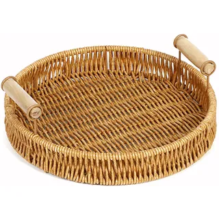 Rattan Serviertablett Rund mit Griffen – Handgefertigtes Dekotablett aus Rattan, Aufbewahrungsplatten Perfekt für Frühstück, Getränke, Snacks, Kerzen, Brot, Kerze, Früchten – 22cm Ø