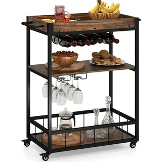 COSTWAY Servierwagen Küchenwagen 3 Ebenen, Rollwagen mit abnehmbarem Tablett, 2 Reihen Glashalter & Weinregal, Barwagen auf Rollen, Vintage Braun - Braun