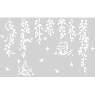 SUPERDANT Weiße Blumenranken Wandtattoo Zweige Vogelkäfig Wandsticker Für Schlafzimmer Wandaufkleber Wanddekoration Für Wohnzimmer Abnehmbare Vinyl Wandsticker Kinderzimmer Heimwanddekoration