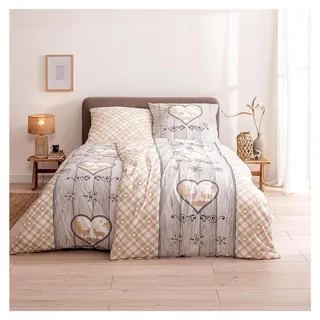 Bettwäsche im Landhaus-Stil 135x200 + 80x80 cm · 4-teilig, Karo mit Hirsch und Herz in Holzoptik · 100% Baumwolle · Vintage Partner Bettwäsche-Set
