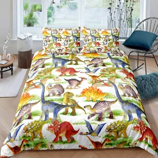 Cartoon Dinosaur Pattern Bettwäsche Set Kinder Kinder Bettwäsche Set für Jungen Mädchen Mikrofaser Himmlische Qualität Bettbezug mit 1 Kissenbezug 2 Stück 100x135cm + 40x60cm, Reißverschluss