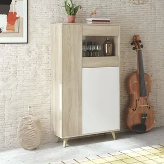 Dmora - Schaukasten Atlanta, Moderne Vitrine mit 3 Türen, Sideboard für Wohnzimmer oder Wohnzimmer, Hohes Sideboard mit Regalen, cm 77x33h142, Eiche und Weiß
