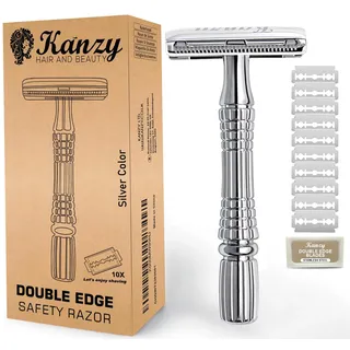 Kanzy Rasierhobel Herren und Damen mit 10 Klingen Edelstahl, Nassrasierer Sicherheitsrasierer arbeitet mit allen Doppelkante Rasierer Klingen Safety Razor Set