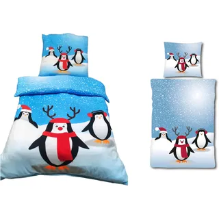 YOUNG DA - Weihnachts Pinguin mit Weihnachtsmütze - Kuschelige Fleece Bettwäsche, wärmendes 2-TLG. Set mit Bettbezug 135x200 cm & Kissenbezug 80x80 cm