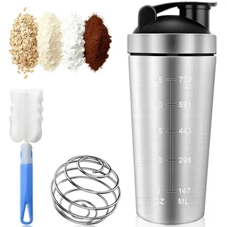 Protein Shaker Edelstahl mit Kugel & Skala, 750ml Shake Becher Schüttelbecher Eiweiß Flasche, Sport Fitness Proteinshake Eiweißshaker Trinkflasche Shakerbecher für Eiweiss Proteinpulver Sportgetränke
