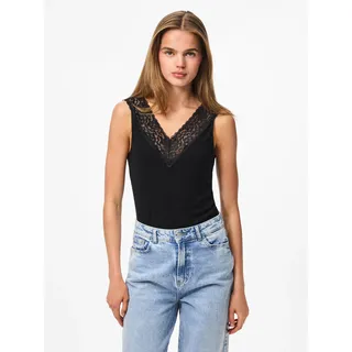 Pieces Spitzentop "PCSIRI", Damen, Gr. M, schwarz, Jersey, Obermaterial: 95% Viskose, 5% Elasthan, glänzend, unifarben, tailliert hüftlang, V-Ausschnitt, Tops Spitzentop