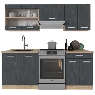 Vicco Küchenzeile R-Line 200 cm Schwarz Beton/Goldkraft Eiche