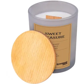 DONAU HOME Luxuriöse 100% Sojakerze Duftkerze Sweet Pleasure / 200g / Grau Glas mit Holzdeckel Holzdocht/Erdbeere Milch Sahne Himbeere Kokosnuss Mandeln/Handgemacht in EU